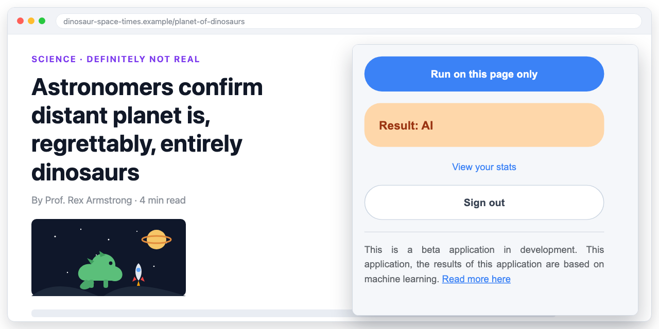 The Fíor extension open on an article, showing an AI result in orange.